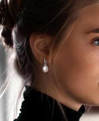 Cultured South Sea Pearl (11mm) & Diamond (1/20 ct. t.w.) Oval Drop Earrings in 14k White Gold