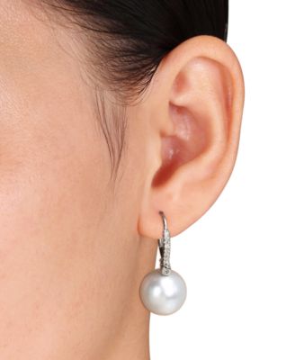 Cultured South Sea Pearl (11mm) & Diamond (1/8 ct. t.w.) Leverback Drop Earrings in 14k White Gold