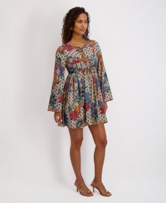 Women's Printed-Chiffon Long-Sleeve Fit and Flare Dress