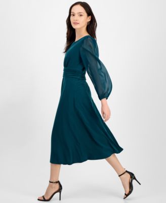 Petite Shirred-Waist Sheer-Sleeve Midi Dress