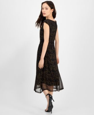 Petite Printed-Mesh Cap-Sleeve Midi Dress