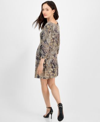 Petite Printed Round-Neck 3/4-Sleeve Dress