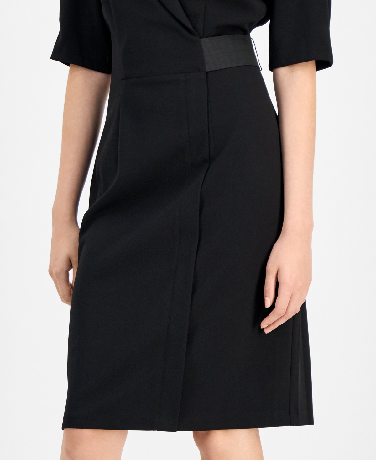 Connected Petite Scuba Faux-wrap Notch-collar Dress In Black