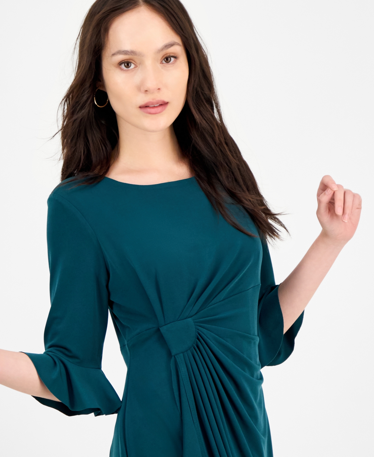 Connected Petite 3/4-sleeve Ruffle Jersey Dress In Green