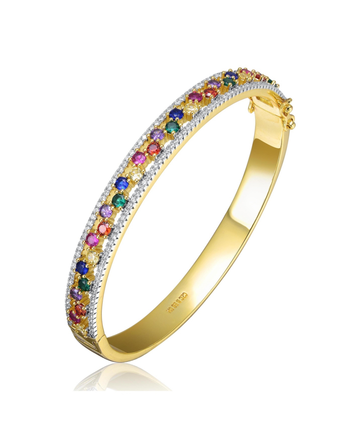 14K Gold Plated with Round Clear & Multi-Colored Cubic Zirconia Bangle Bracelet - Multi-colored