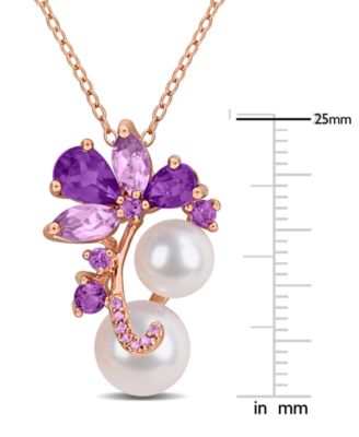 Pink Cultured Freshwater Pearl (7 & 8-1/2mm) & Multi-Gemstone (1 ct. t.w. Smokey Quartz; 3/4 ct. t.w. Rose Quartz; 3/8 ct. t.w. Garnet) Cluster 18" Pendant Necklace in 18k Rose Gold Flash-Plated Sterling Silver