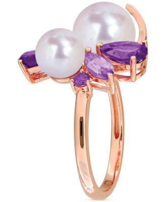 Cultured Freshwater Pearl (7-8.5mm) Multi-Gemstone (1-3/4 ct. t.w.) Ring in 18k Rose Gold-Plated Sterling Silver