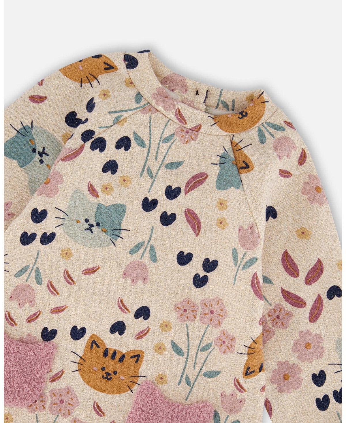 Deux par Girl Glittering French Terry Dress Beige Printed Cat - Toddler|Child