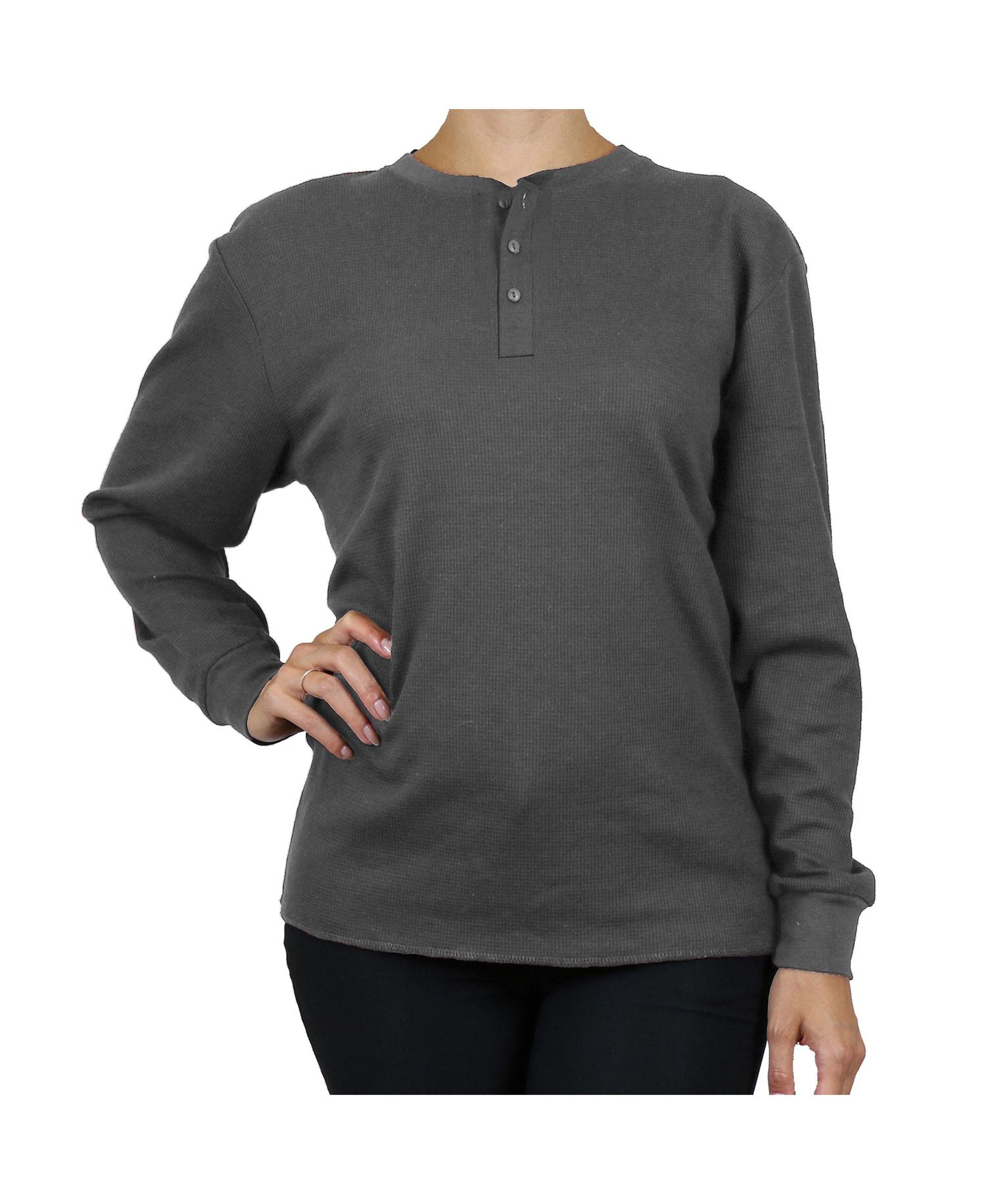 Women's Loose Fitting Waffle-Knit Henley Thermal Shirt