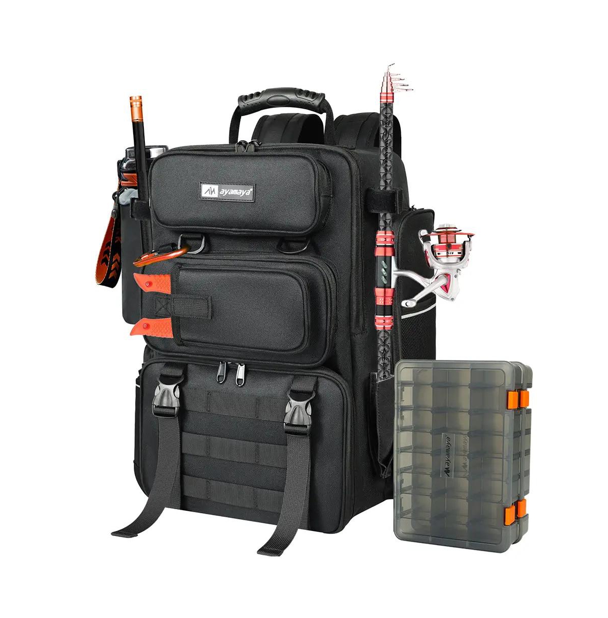 TackleTrek 40L Fishing Backpack with Dual Rod Holders & 2 Tackle Trays &#x2013; The Ultimate Outdoor Gift for Him - Green camo