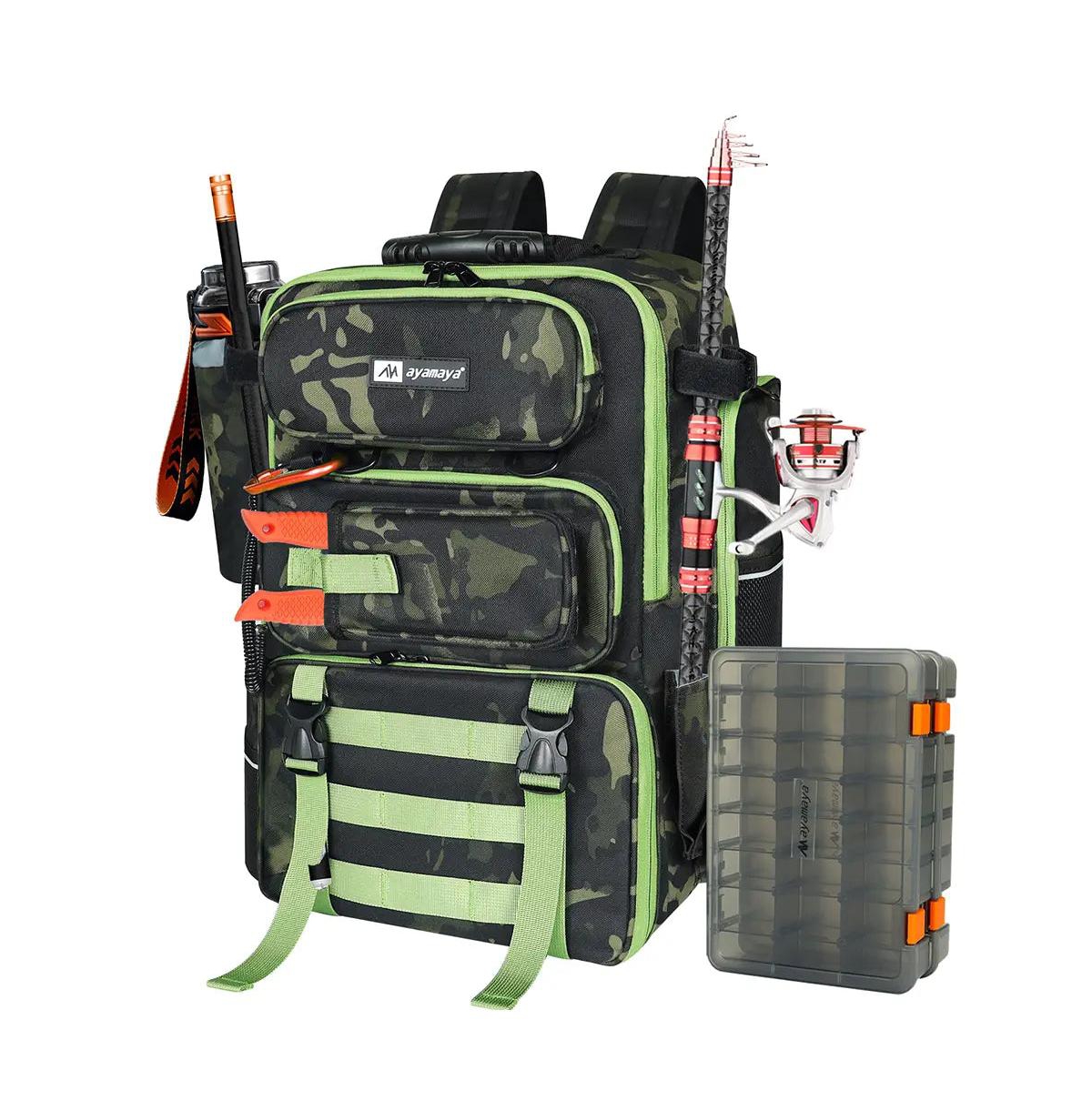 TackleTrek 40L Fishing Backpack with Dual Rod Holders & 2 Tackle Trays &#x2013; The Ultimate Outdoor Gift for Him - Green camo