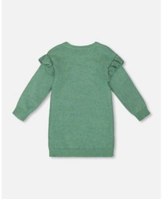 Girl Knitted Dress Sage Green with Ruffles and Floral Embroidery - Child