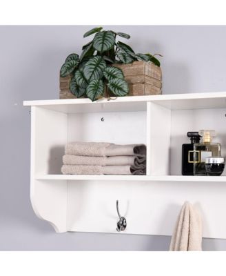 White Entryway Wall Mounted Coat Rack with 4 Dual Hooks Living Room Wooden Storage Shelf