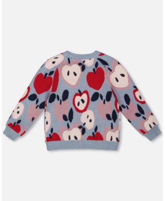 Girl Knit Sweater Blue and Red with Apple Heart Jacquard - Toddler|Child