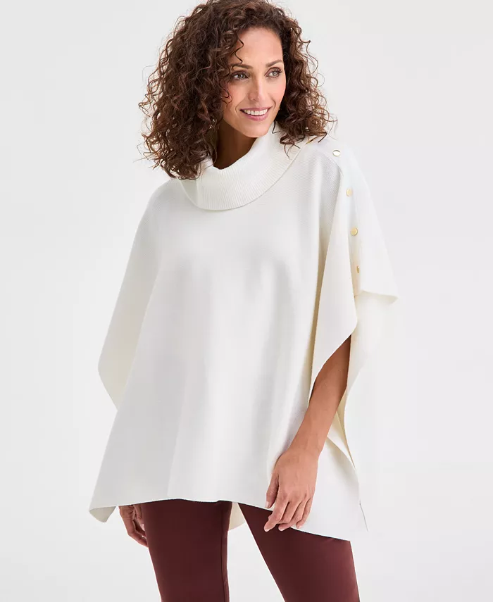 Women's Cowl-Neck Button-Detail Poncho - thumbnail 3
