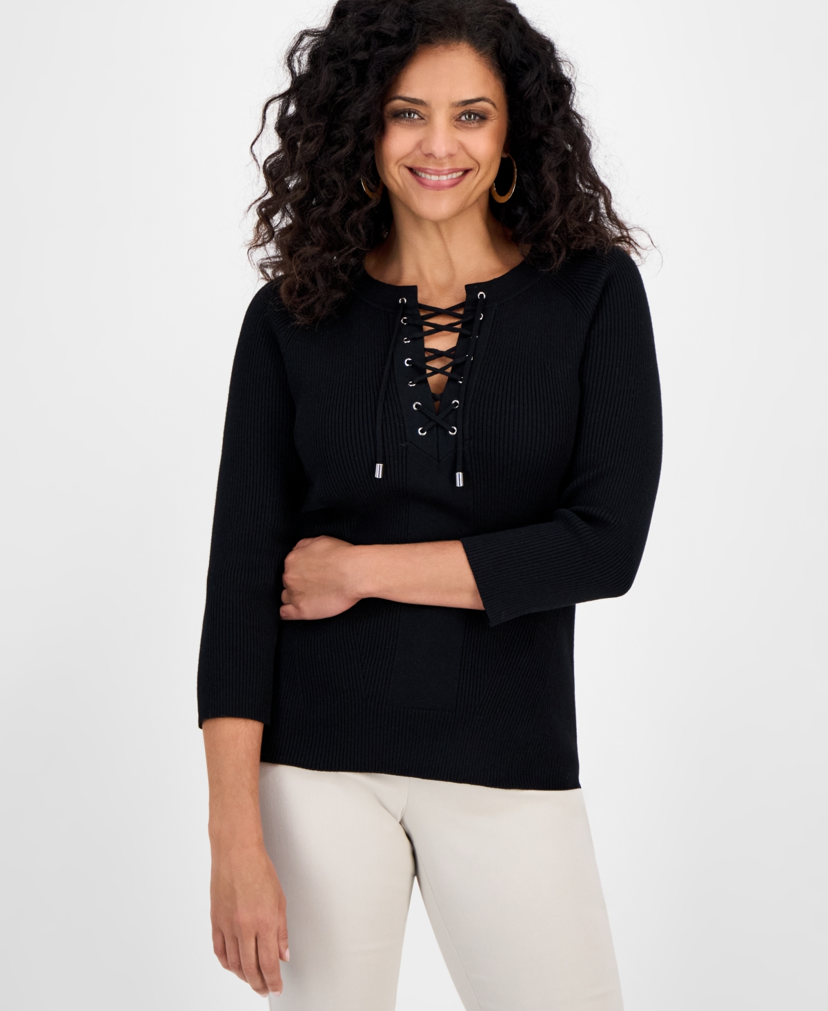 Jm Collection Women's Ribbed Lace-Up Sweater, Macy's Exclusive - Deep Black