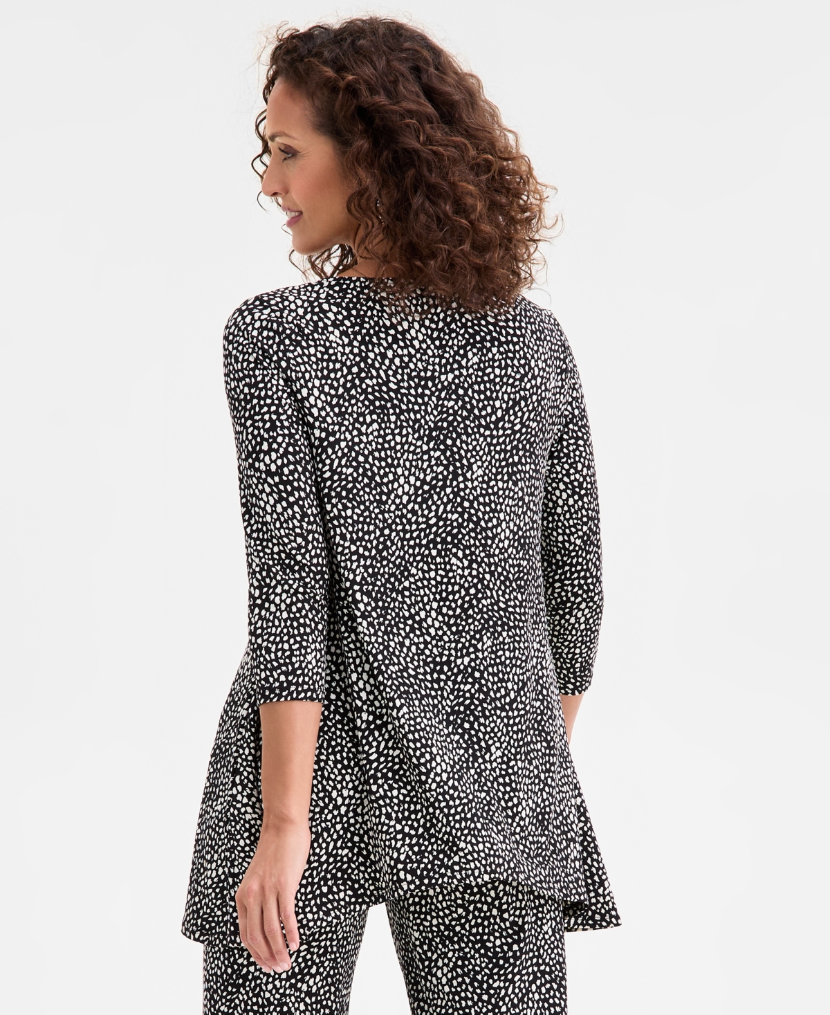 Jm Collection Women's Printed 3/4-sleeve Swing Knit Top, Macy's Exclusive In Black