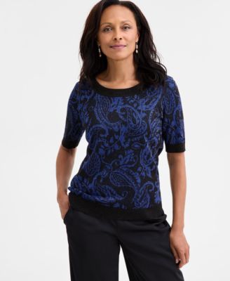 JM Collection - Women's Jacquard Crewneck Elbow-Sleeve Top