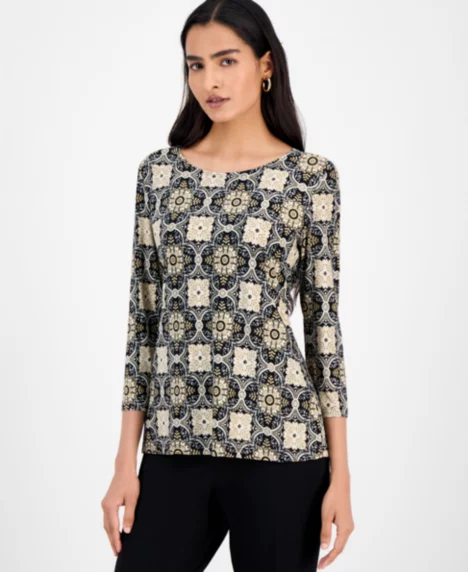 Petite Windswept Jacquard 3/4-Sleeve Top - Deep Black