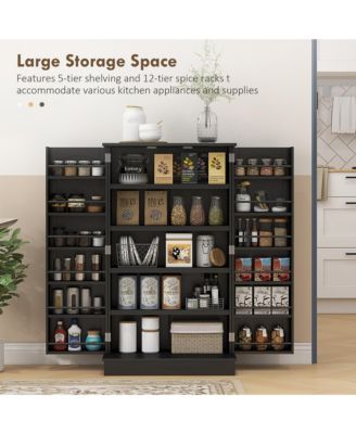 Kitchen Pantry Storage Cabinet w/ 5-tier Shelving, 12 Spice Racks