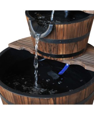 2 Tier Fountain Rustic Wood Barrel Water Fountain w/ Pump Garden Decor