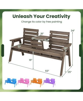 Outdoor Fir Wood Bench w/ Foldable Middle Table w/ Backrest & Armrests