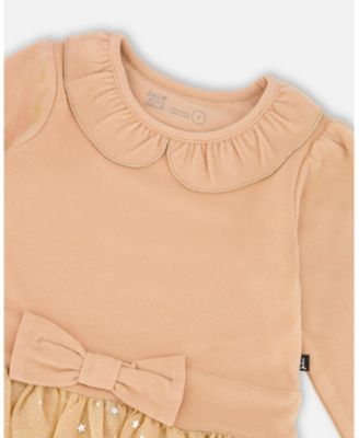 Big Girls Bi-Material Dress with Glittering Skirt Beige