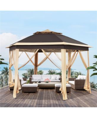 13×13 FT Hexagonal Outdoor Gazebo, Pop-Up Canopy for Patio Backyard Garden Wedding Party, Khaki/Brown