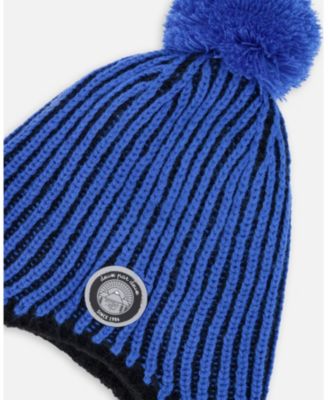 Boy Winter Peruvian Knit Hat with Pompom and Lining Black and Blue - Toddler|Child