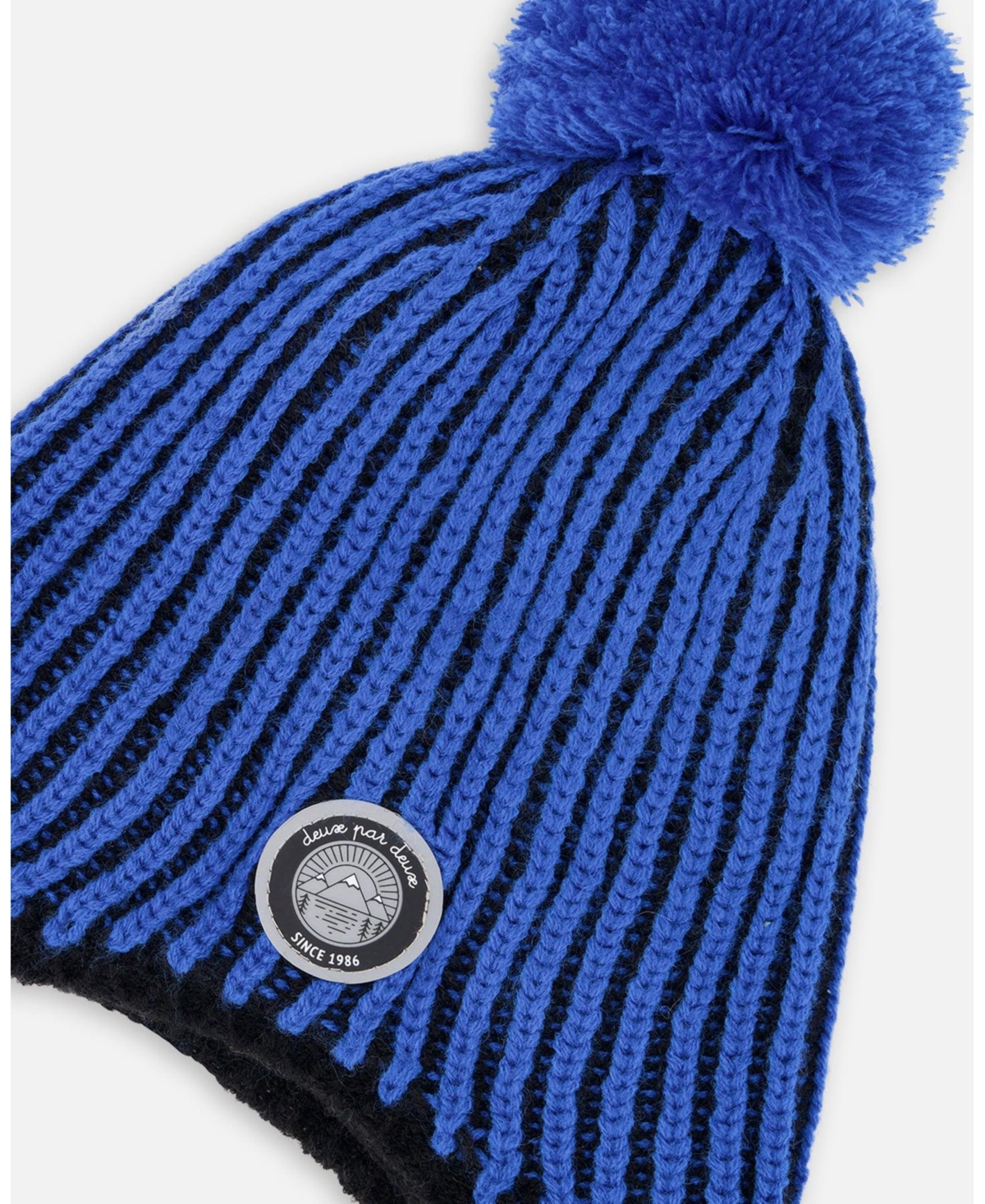 Deux par Boy Winter Peruvian Knit Hat with Pompom and Lining Black Blue - Toddler|Child