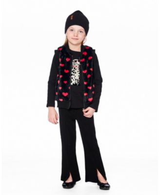 Toddler Girls Faux Fur Sleeveless Vest Black and Red with Hearts - Toddler|Child