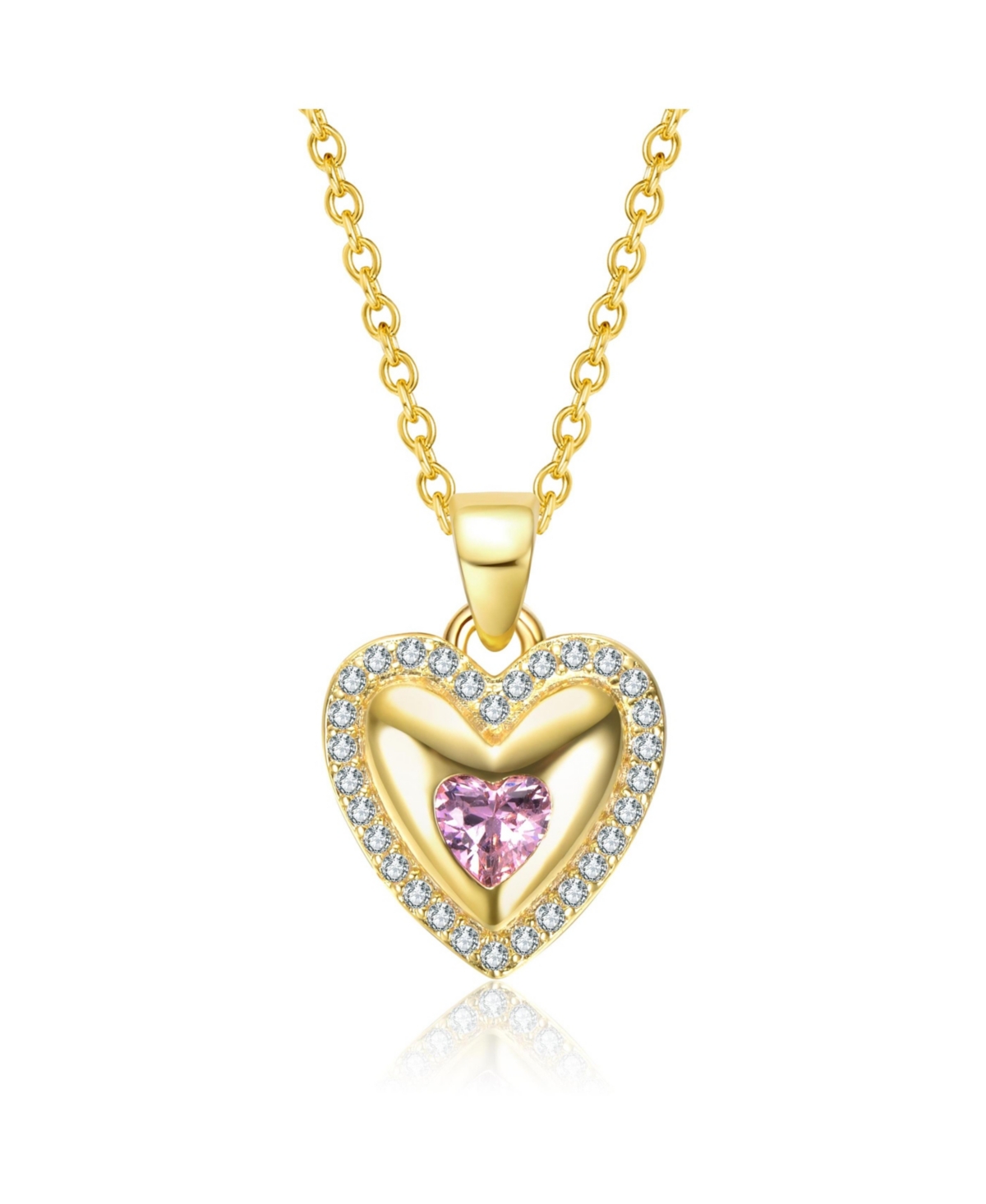 Sterling Silver 14K Gold Plating with Pink Cubic Zirconia Heart Pendant Necklace - Pink