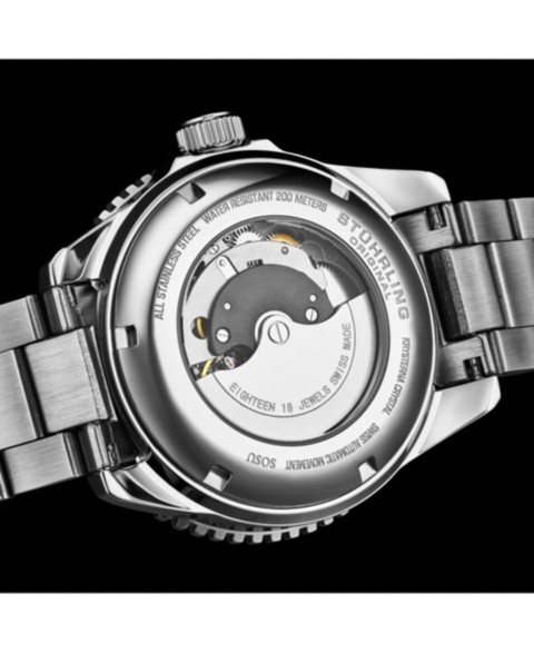 Мужские автоматические часы Stuhrling 1013, чёрный циферблат, стальной браслет, 200м