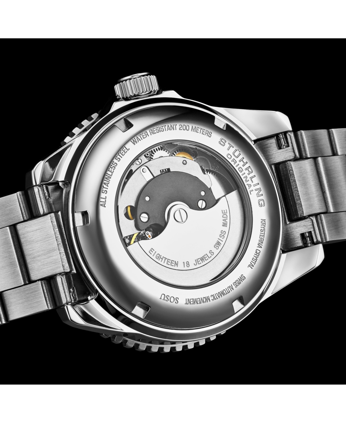 Мужские автоматические часы Stuhrling 1013, чёрный циферблат, стальной браслет, 200м — фото 1