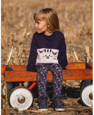 Girl Long Bi-Material Top Dark Blue with Cat - Toddler|Child