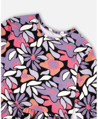 Girl Jersey Dress Black Retro Flower Print - Child