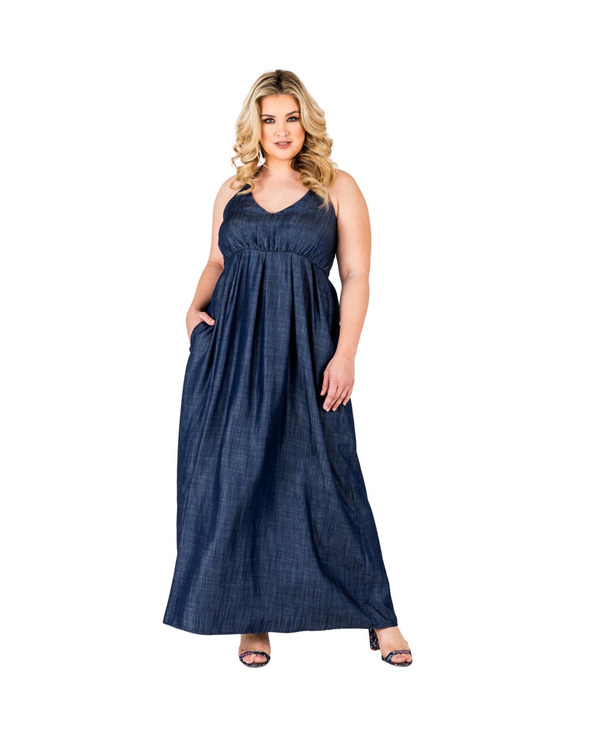 Plus Size Tencel Denim Halter Neck Maxi Slip Dress - Dark blue
