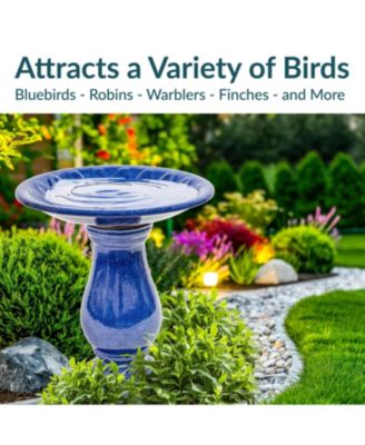 Daisy Embossed Bowl Ceramic Bird Bath with Glazed Finish - Blue - 21.5" H