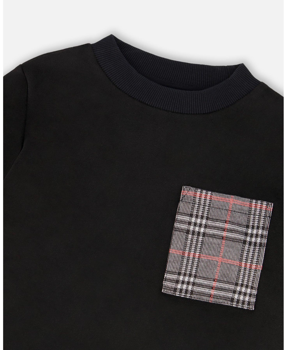 Deux par Boy Super Soft Brushed Jersey Long Sleeve Top Black with Plaid Pocket