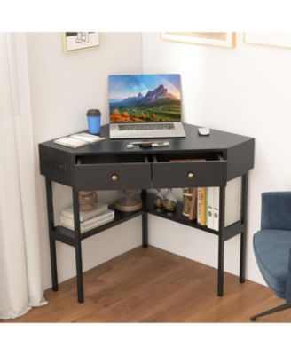Space Saving Corner Computer Desk with 2 Large Drawers