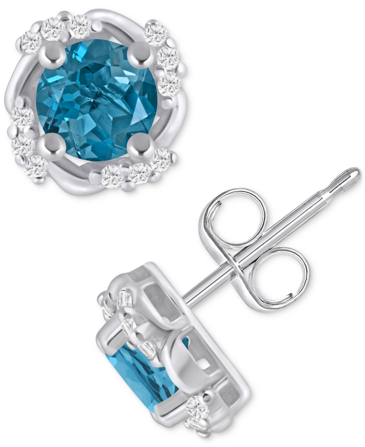 Macy's Gemstone And Diamond Framed 1/3" Stud Earrings In 14k Yellow Gold (also In 14k White Gold) In Blue