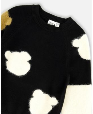 Girl Knitted Sweater Black with Bear Intarsia - Toddler|Child