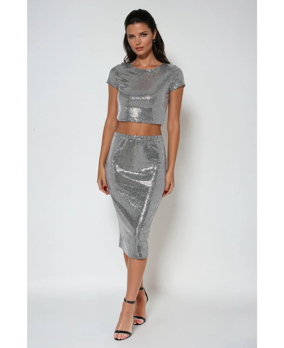 Women's Two Piece Disco Dot Top With Midi Skirt - Pewter