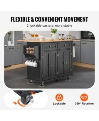 Mobile Kitchen Cart with Solid Wood Top, Storage Cabinet, Spice and Towel Rack