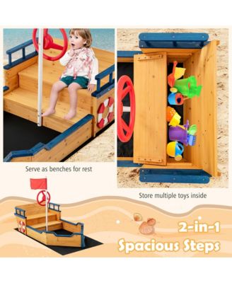 Toddler Pirate Boat Wooden Sandbox Non-Woven Fabric Liner Children Outdoor Playset