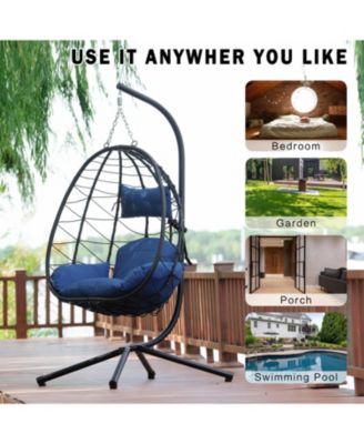 37 Inch Wicker Egg Swing Chair with Stand 350LB Capacity and Removable Cushion