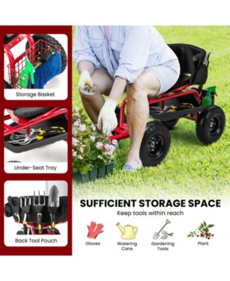 Adjustable Rolling Garden Cart with Swivel Seat and Tool Storage