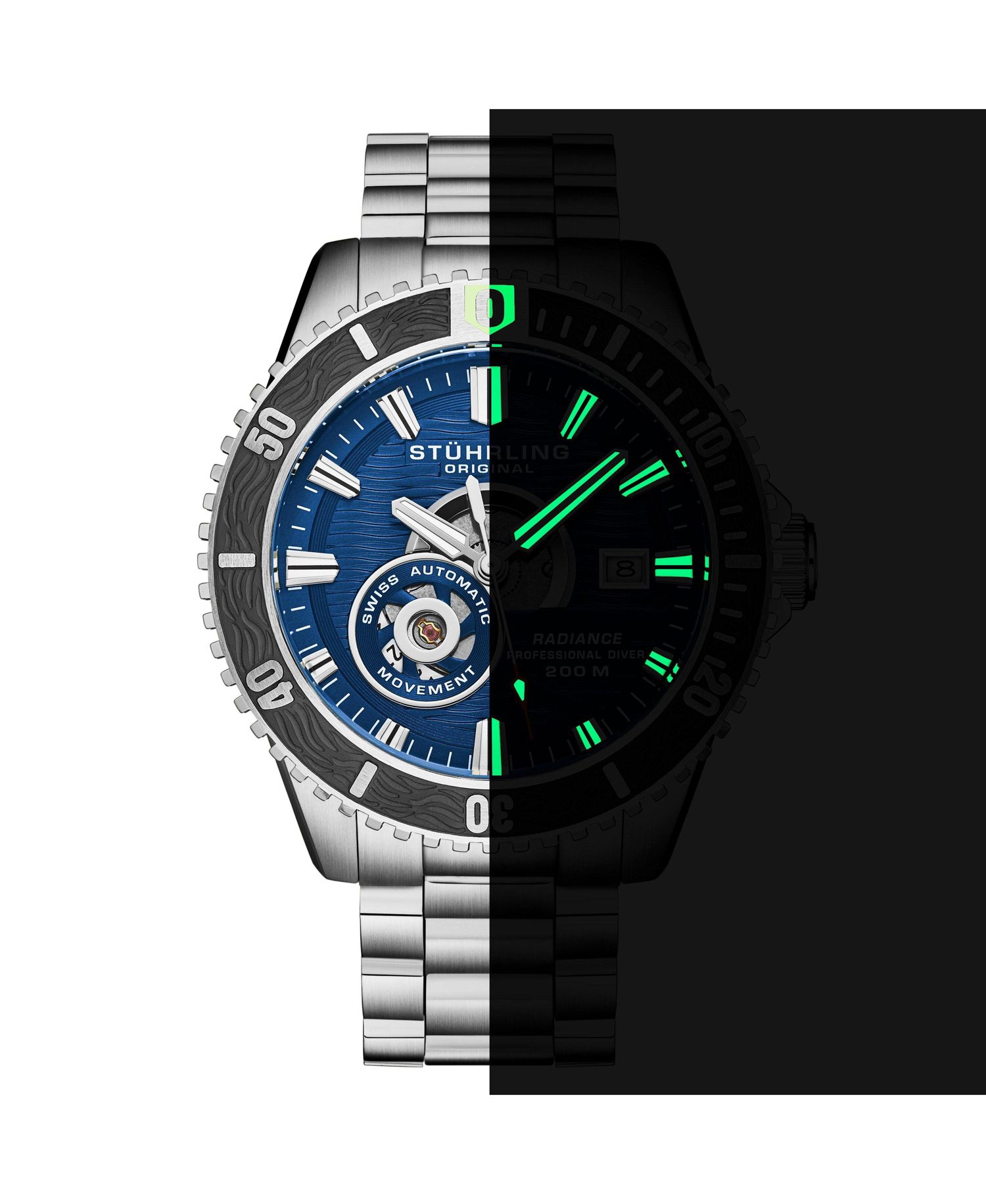 1013 Men s Automatic Watch Swiss Movement Blue Dial Black Bezel Stainless Steel Case and Bracelet 200M Water Resistant Diver Date Window