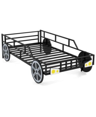 Twin Car-Shaped Metal Bed Frame with Wheels Decorations Safety Guardrails