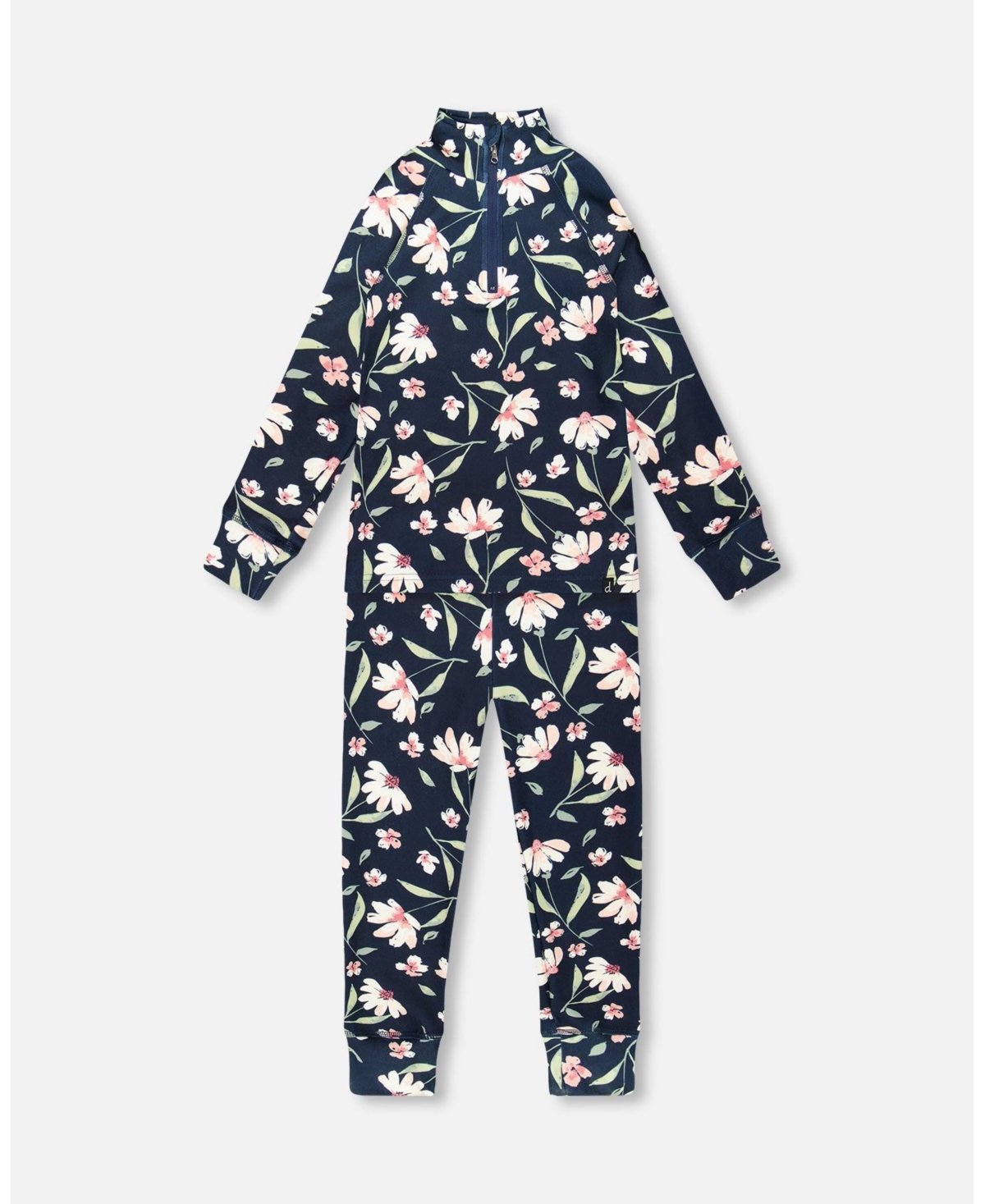 Deux par Girl Two-Piece Thermal Underwear Set Navy Flower Print - Toddler|Child